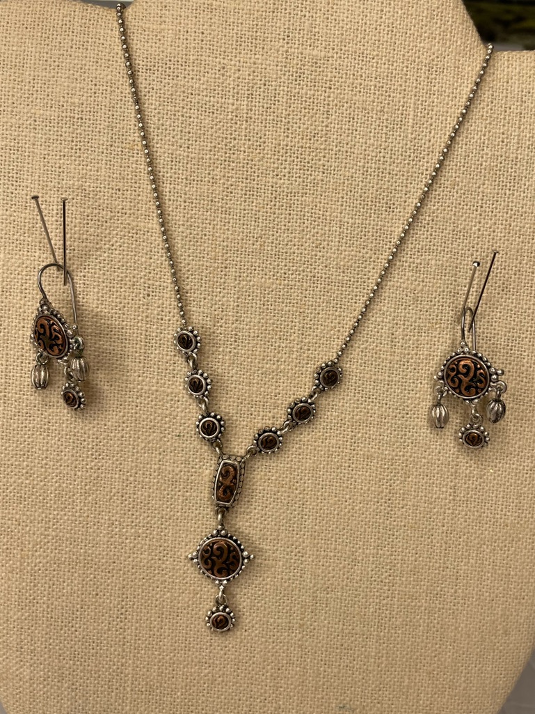 Boho SilverTone Brown Enamel Necklace  Earring Set